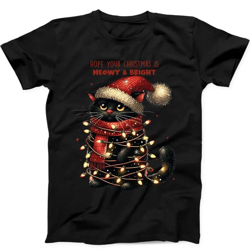 Christmas Lights Black Cat Santa Meowy Bright Funny Gift Black T Shirt 239