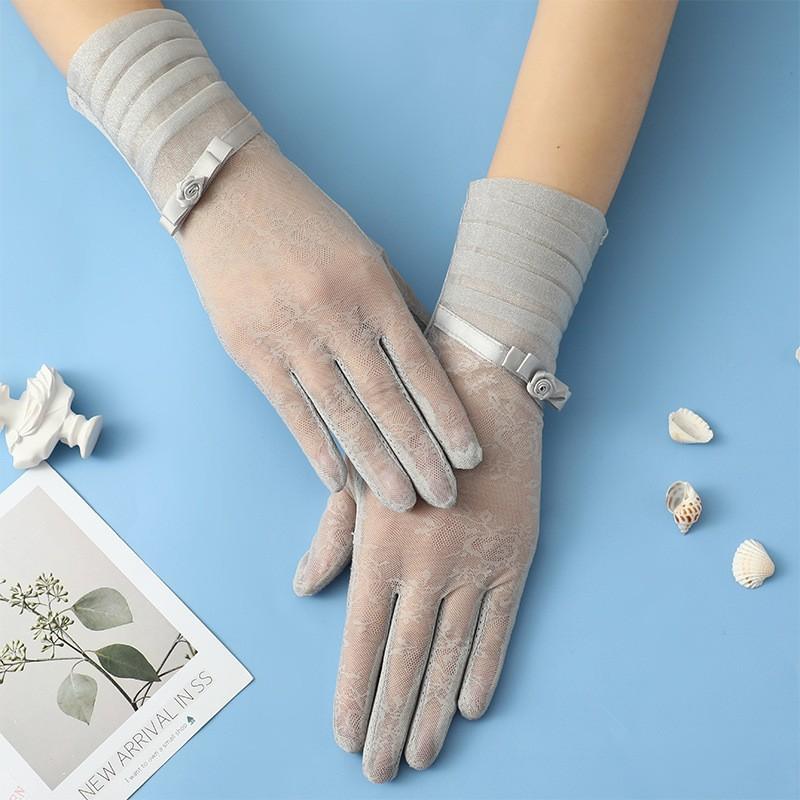 Солнцезащитные кружевные перчатки, весенние перчатки с бантом, перчатки для сенсорного экрана, женские дышащие уличные перчатки для вождения, летние перчатки для велоспорта