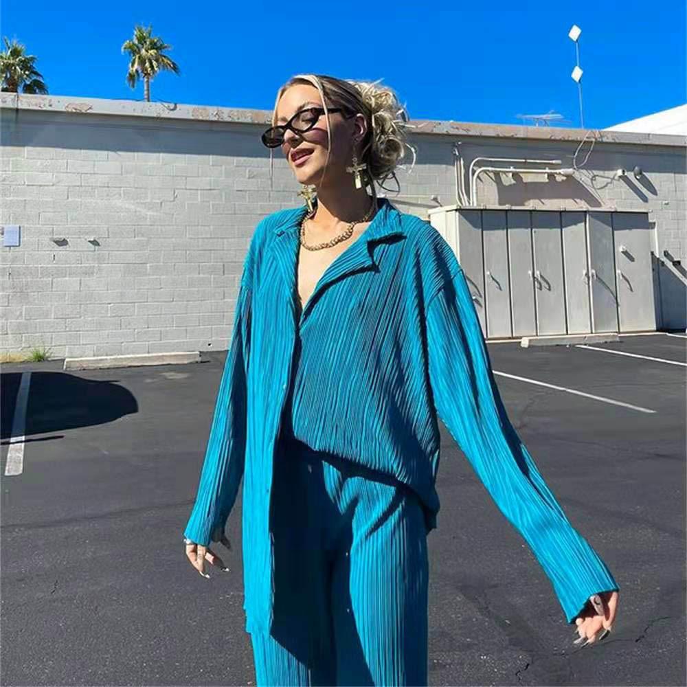 Весенне-летний женский повседневный комплект из двух предметов, плиссированный воротник, свободные длинные рукава, подвеска, широкие брюки