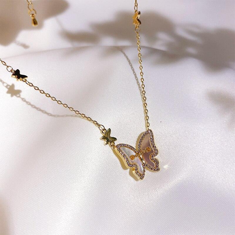 925 Sterling Silver Shell Butterfly Necklace for Women Gold Charm Clavicle Chain Necklaces Jewelry Gift Wholesale S-N696