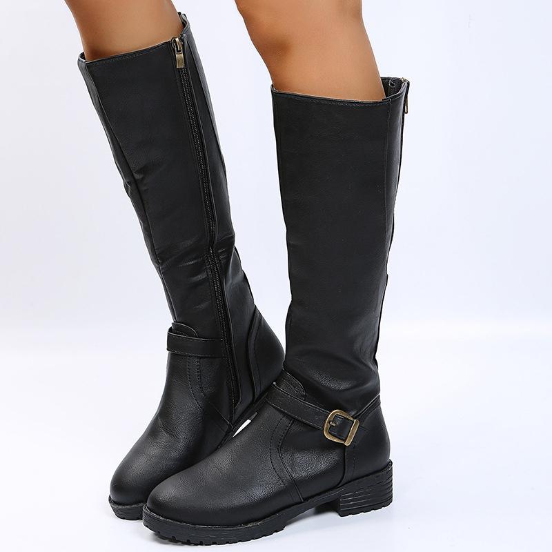 Vintage Brown Women Knee High Boots Big Size Low Heels Platform Long Boots Autumn Winter Pu Leather  Women Warm Booties