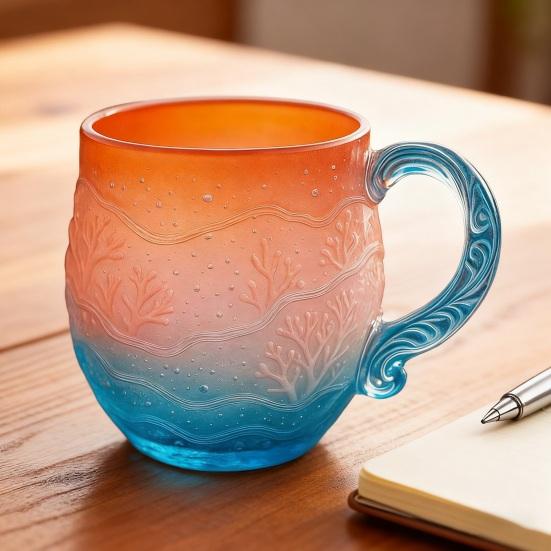 Yousheng Sea Glass Sunset Mug Thickened Glass with Wave Texture Gradient Color Water Cup Non-Slip Handle Glassware for Coffee Juice Iced Drinks