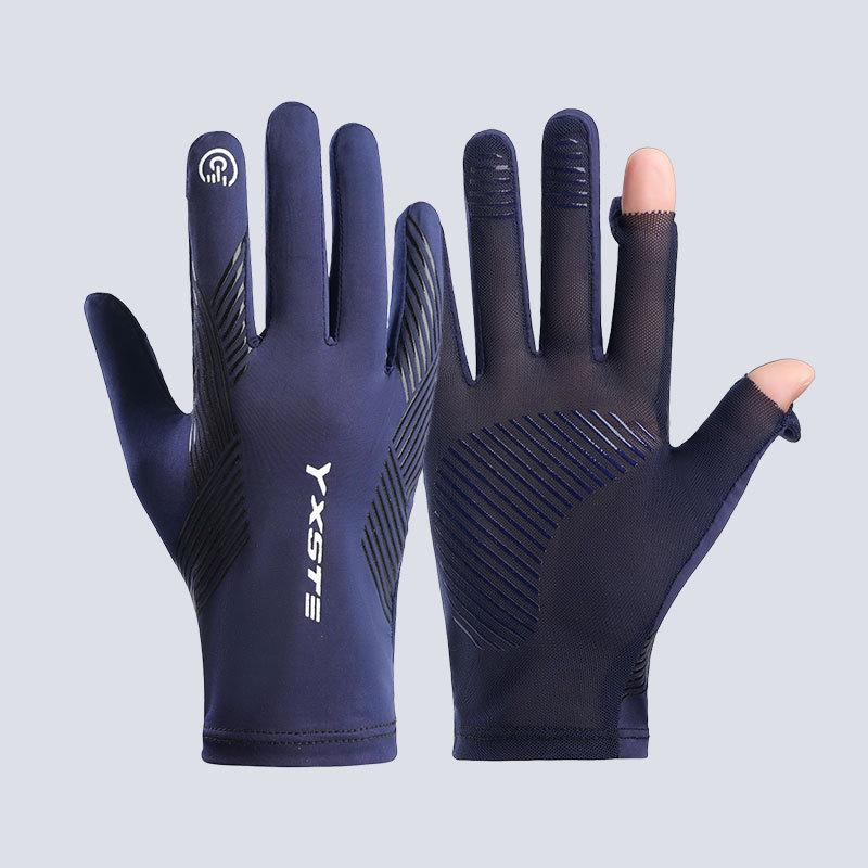 Men's summer ice silk non-slip and UV-proof driving touch screen leakage two-finger sports gloves