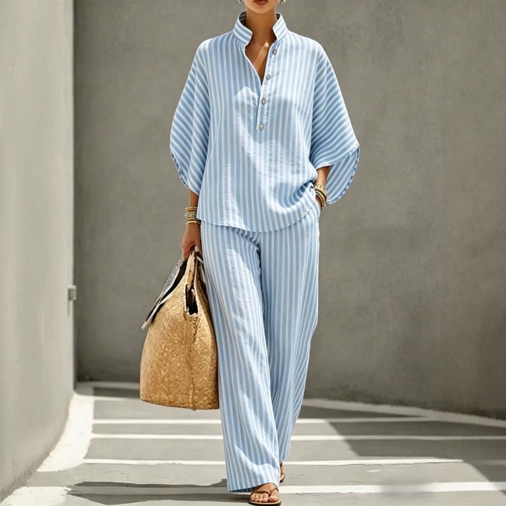 European and American new women's striped shirt set for vacation style leisure urban suit