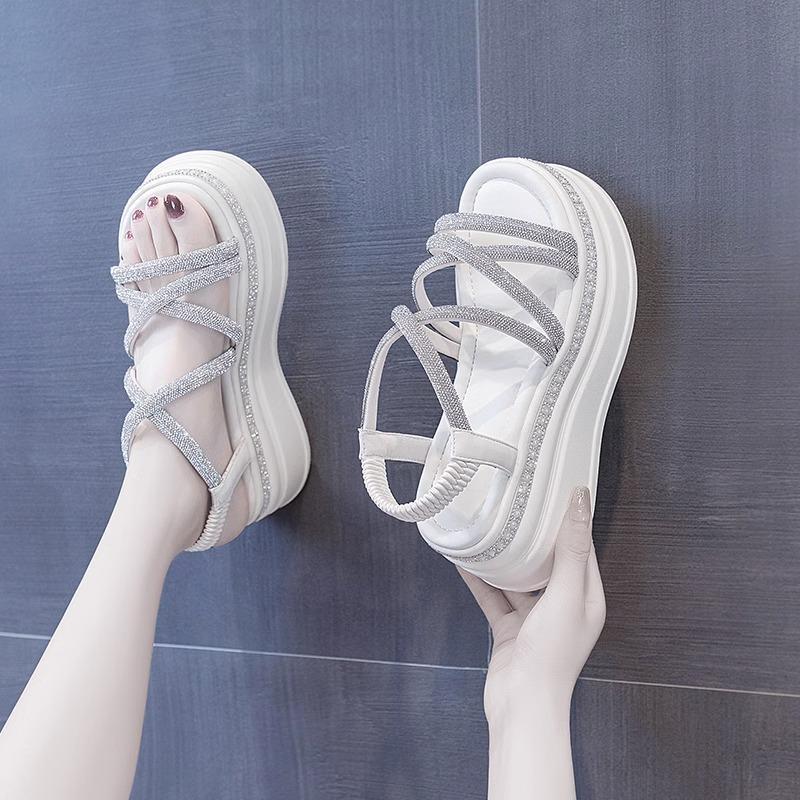 Модные босоножки на танкетке с перекрестными ремешками, женские летние босоножки на толстой платформе, женские тапочки, шлепанцы на толстой подошве, шлепанцы