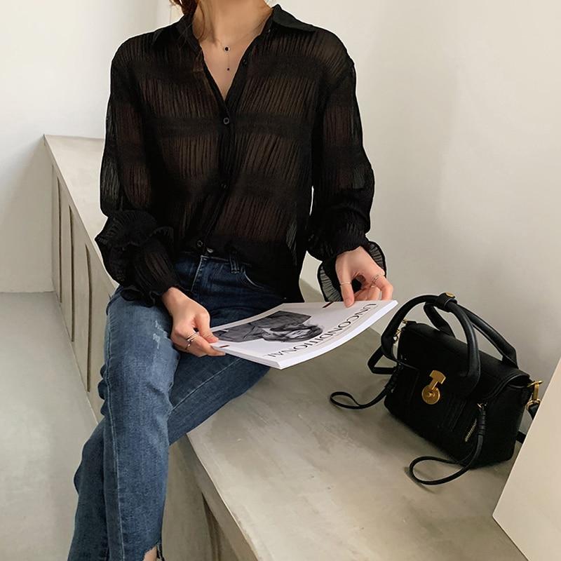 Chiffon Blouses Women Turn Down Collar Long Sleeve Korean Fashion Vintage Elegant Casual Office Lady Large Size Shirts