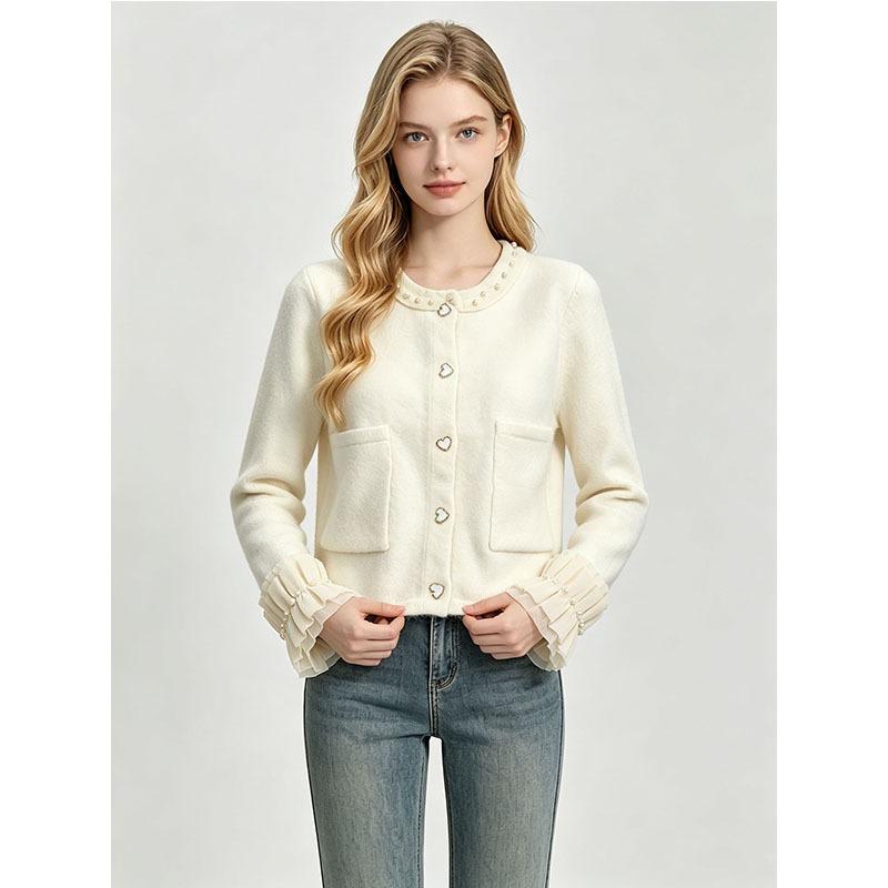 Women S Long Sleeve Knit Cardigan Ruffle Cuffs Beaded Buttons Short Style