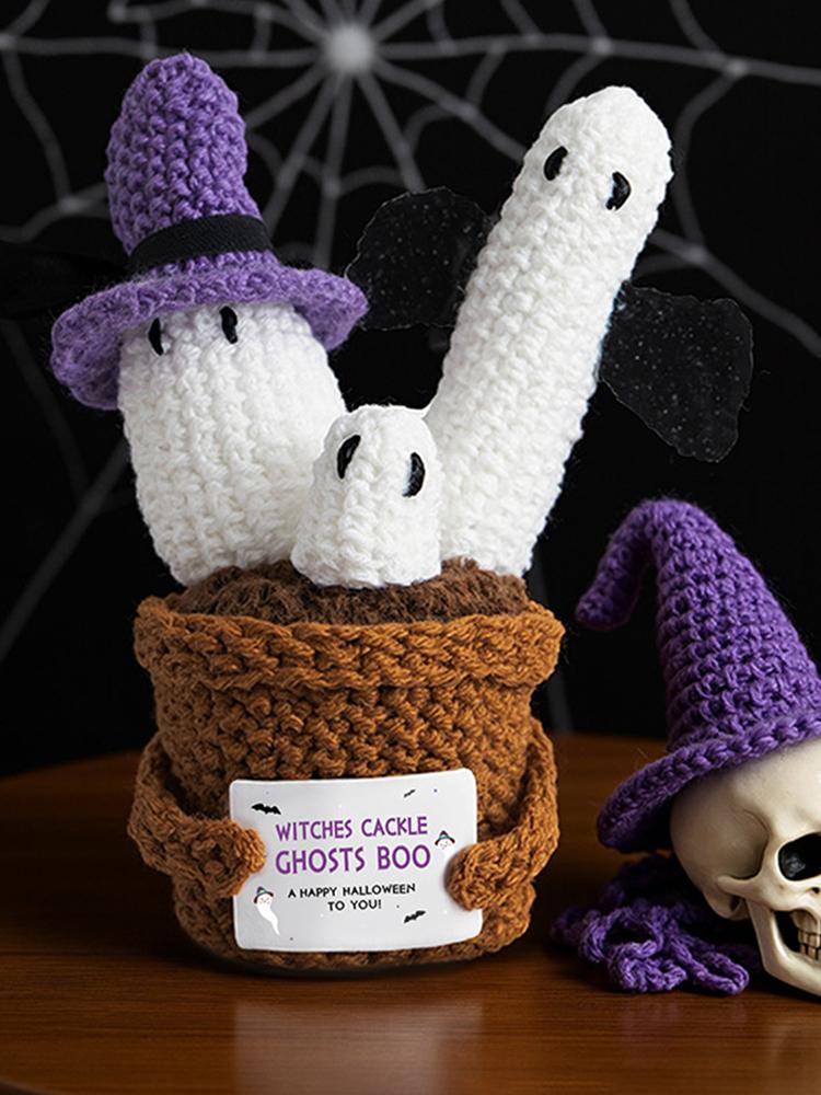 Хэллоуин Вязаные Шерстяные Украшения с Картой Крючком Горшечная Карта Кукла Призрак Растение Кукла для Офисного Стола Дома Ужас Декор
