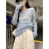 Stylish Thin Hollow Long Sleeves Knitwear Women's Early Autumn Loose Casual Black Blouse Loose Bottoming Tops