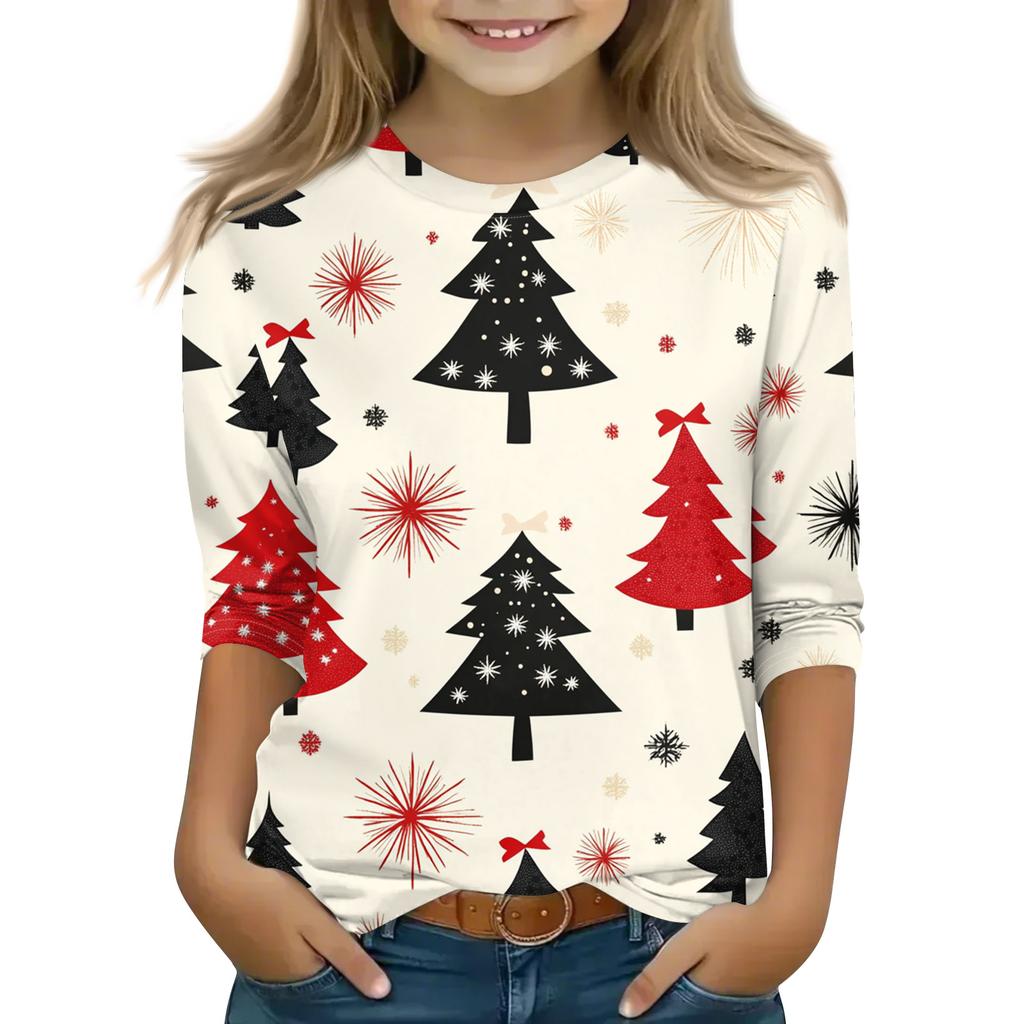 Рождественские топы с принтом для девочек-подростков 5-16 лет, футболки с круглым вырезом и рукавами 3/4, модные топы, нарядные футболки