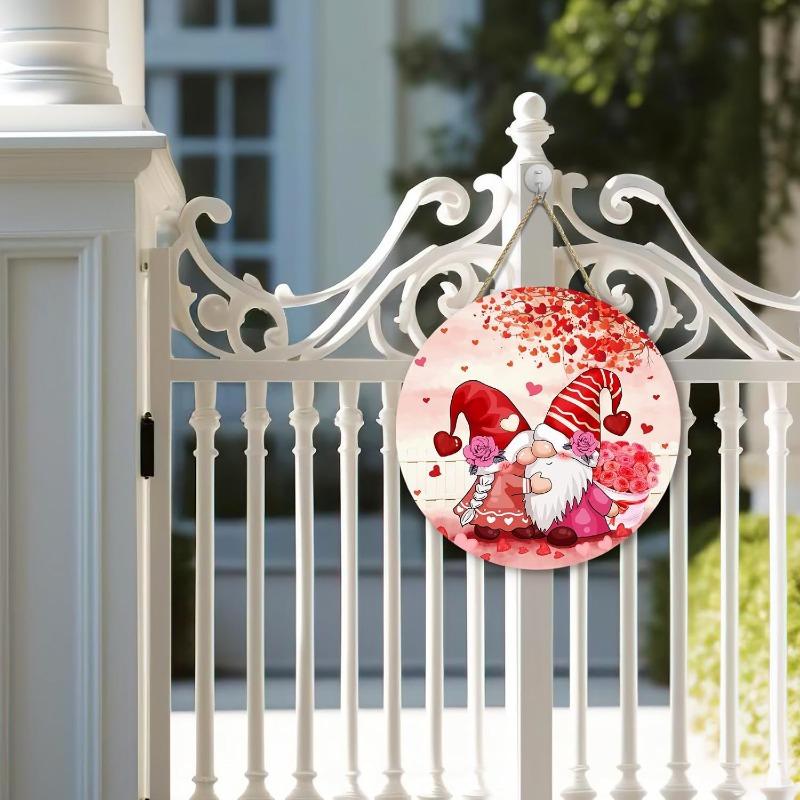 Valentine's Day Gnomes Front Door Sign Red Hearts Rose Door Hanger Valentines Wood Porch Wall Sign Anniversary Wedding Holiday Home Garden Hanging