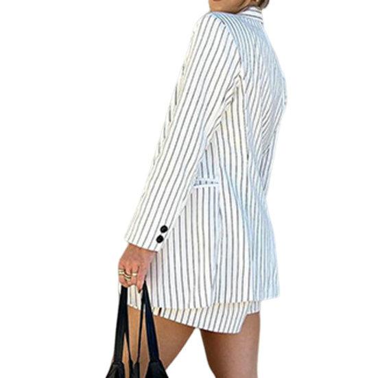 Yousheng, комплект из 2 шт./компл., пальто, шорты, полосатый отложной воротник, однобортный, с длинным рукавом, свободный, с высокой талией, комплект женской куртки с шортами в коммутационном стиле