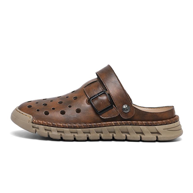 Летняя обувь для мужчин Кожаные сандалии Мужские модные тапочки Закрытый носок Повседневная обувь с ручной прошивкой