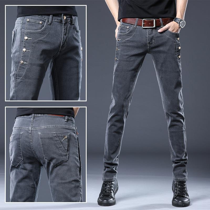Fashion Jeans Men Straight Grey Middle Waist Pants Denim Trousers
