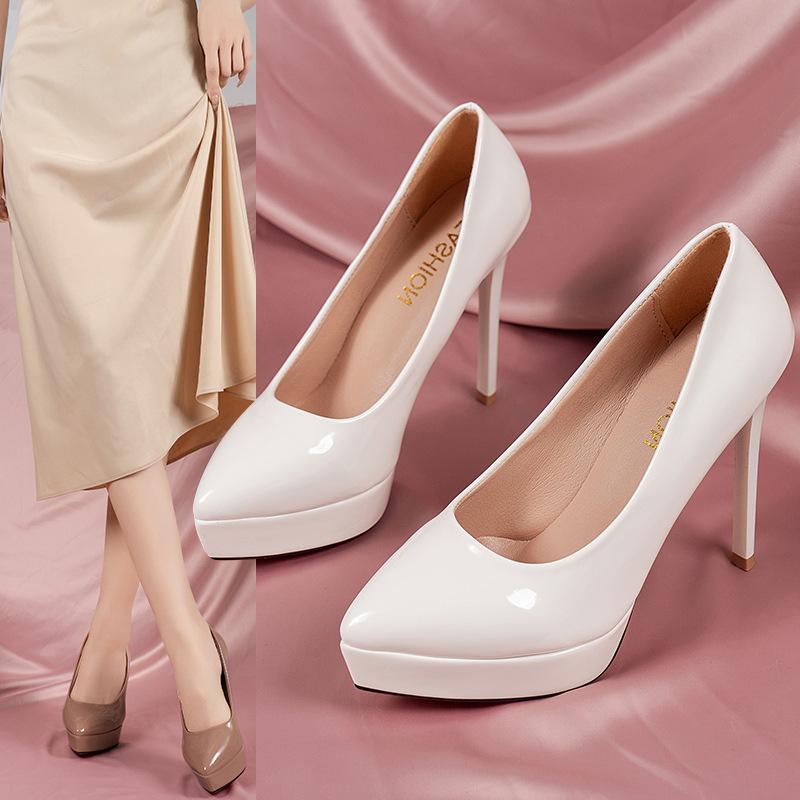 Women Pumps 2024 Fashion Classic Patent Leather High Heels 12cm Paltform Pointed Head Wedding Dress Shoes Ladies Etiquette Shoes