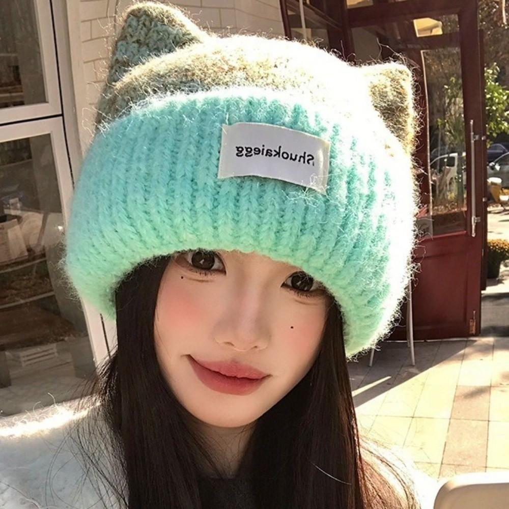 Warm Knitted Beanie Windproof Winter Cap Versatile Cat Ear Hat Autumn Winter