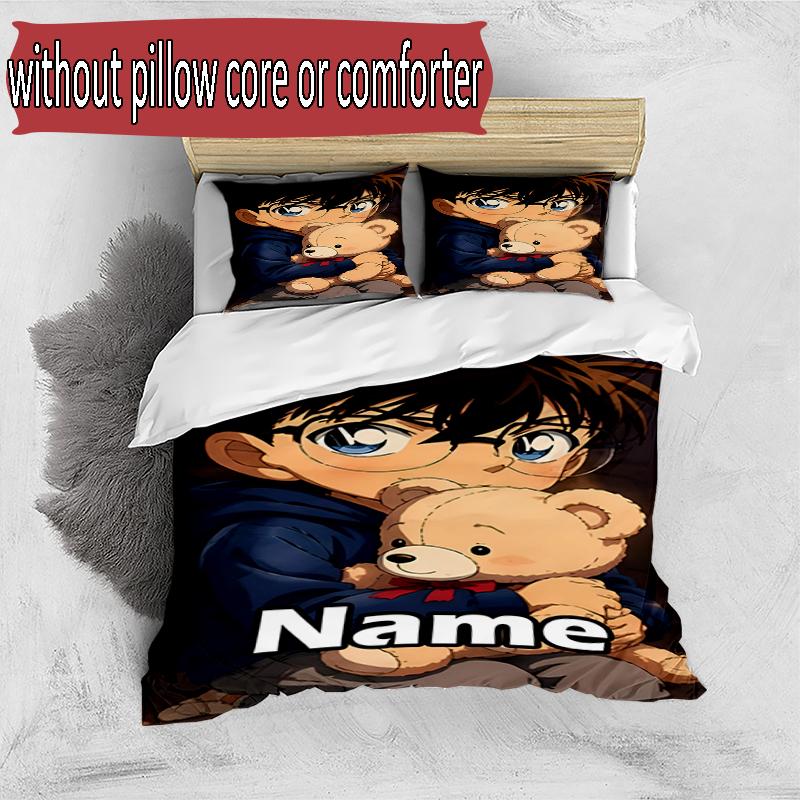 3pcs Duvet Cover Set (1*Duvet Cover + 2*Pillowcase, Without Core), Custom Name Detective Conan Pattern Bedding Set, Home Bedroom Decor Gift