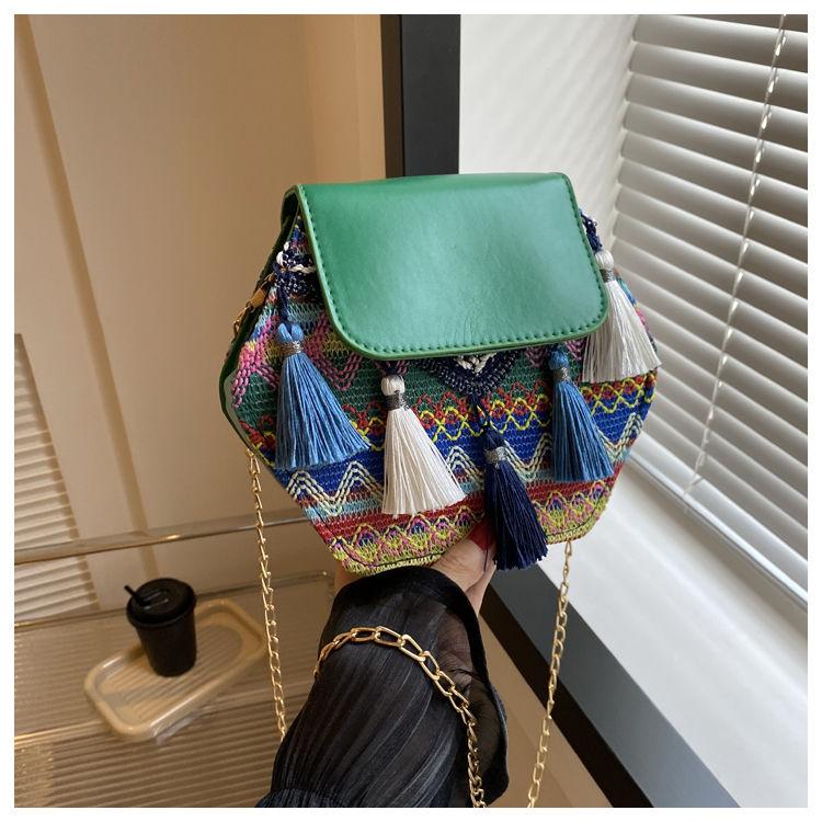 Ethnic Style Small Bag for Women Summer Chain Crossbody Bag Stylish Casual Tassel Fashion Small Square Bag