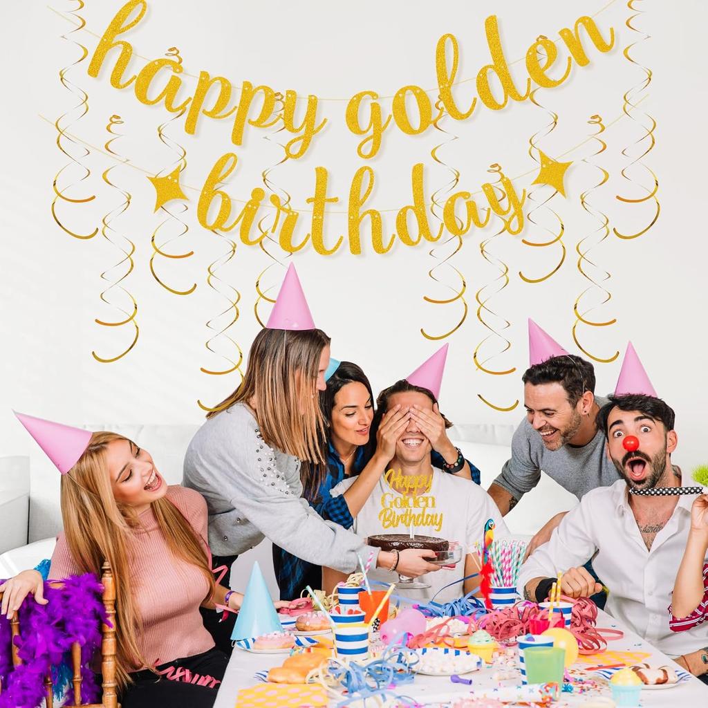 12Pcs Golden Birthday Party Decorations Includes Happy Golden Birthday Banner,10Pcs gold hanging swirls, 1Pcs Glitter Golde Cake Topper.