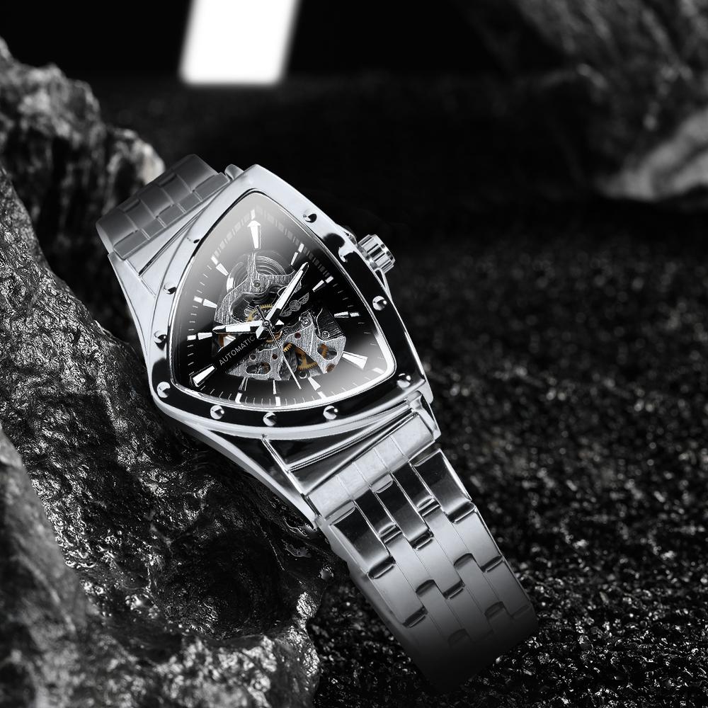 WINNER Треугольные скелетонированные механические часы в стиле стимпанк, швейцарский дизайн, винтажные часы, мужские роскошные автоматические часы из нержавеющей стали для мужчин