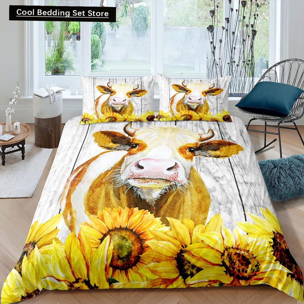 Highland Cow Flower King Queen Duvet Cover Cattle Rose Bedding Set Western Animal Comforter Cover Farmhouse Bull Quilt Cover