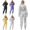Металлические комбинезоны S-3XL для моды и Хэллоуина: Комбинезон с длинным рукавом и высокой талией с поясом, Блестящий боди с отложным воротником