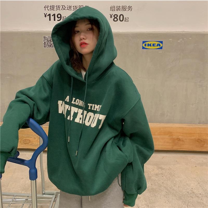 Women's Korean Style Loose Letter Tops for Spring, Autumn and Winter Plus Velvet Hooded Sweatshirt