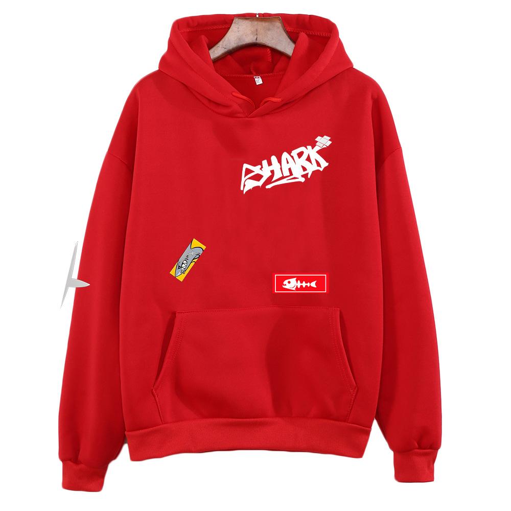 Street-shark Men Hoodie Front Shark Graffiti Font Print, Multi Shark Sticker Sleeve Graphic, Thick Fleece Pullover Sweatshirt for Urban Daily Outfits