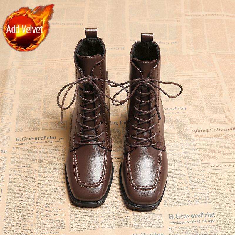 Модные женские ботильоны из кожи с квадратным носком на каблуке, осенне-зимние, на флисовой подкладке, на шнуровке, женские короткие ботинки, высокое качество, новинка