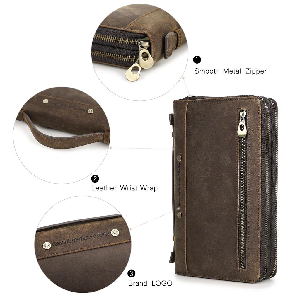 Мужская сумка-клатч из натуральной кожи с двойной молнией, длинный кошелек, повседневный кошелек, клатч высокого качества