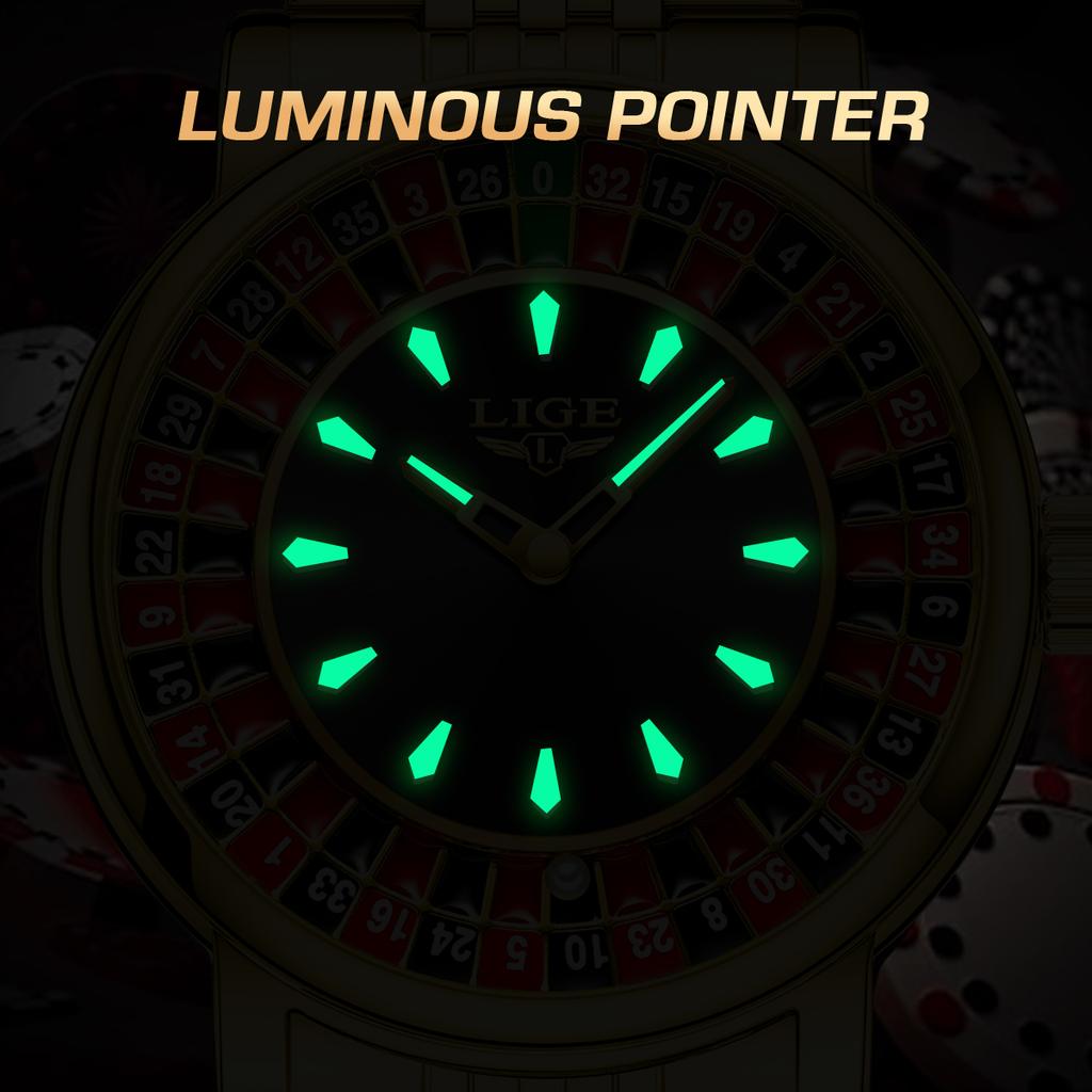 Роскошные мужские часы с циферблатом в виде рулетки, модные мужские часы, водонепроницаемые люминесцентные кварцевые наручные часы