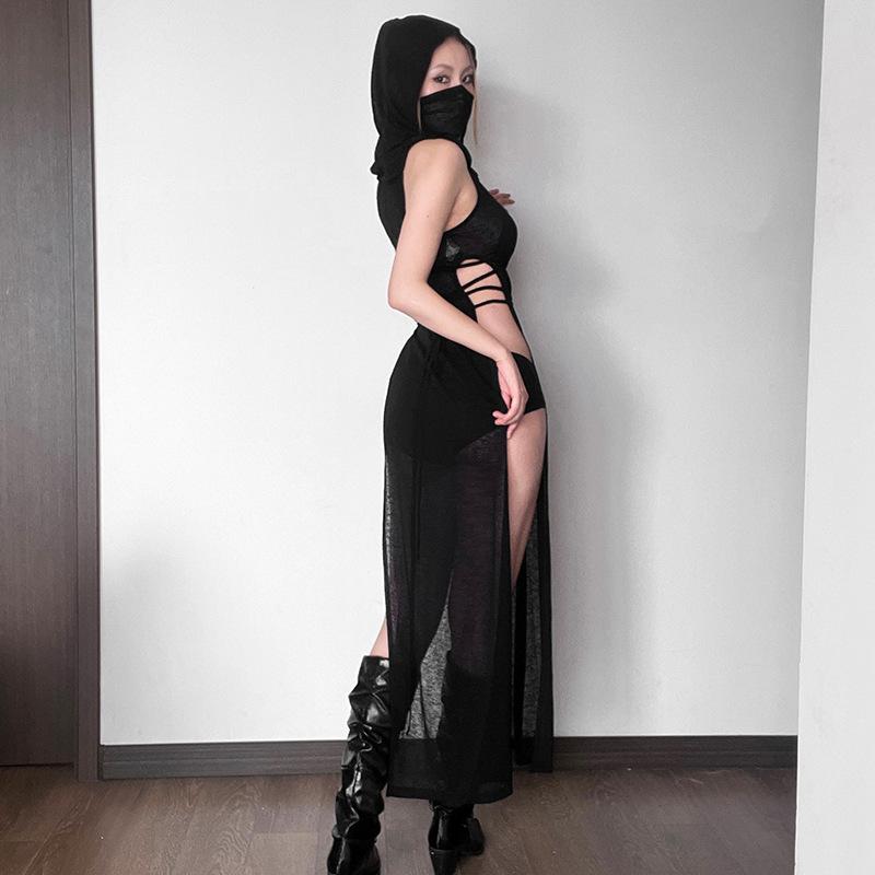 AltGoth Coquette Dark Gothic Сексуальное Платье Женское Винтажное Y2k Cyberpunk Прозрачное Трикотажное Платье с Вырезом И Разрезом С Высокой Талией И Капюшоном