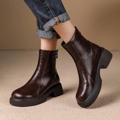 Корейская версия новых женских полусапог на среднем каблуке с круглым носком и толстой подошвой большого размера, однотонные, нескользящие, на квадратном каблуке, на молнии, осенне-зимние