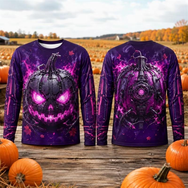 Halloween Long Sleeve T-Shirt Men Mechanical Cyber Jack O Lantern Pumpkin 3D Printed Casual Breathable Fashionable Quick-dry Top