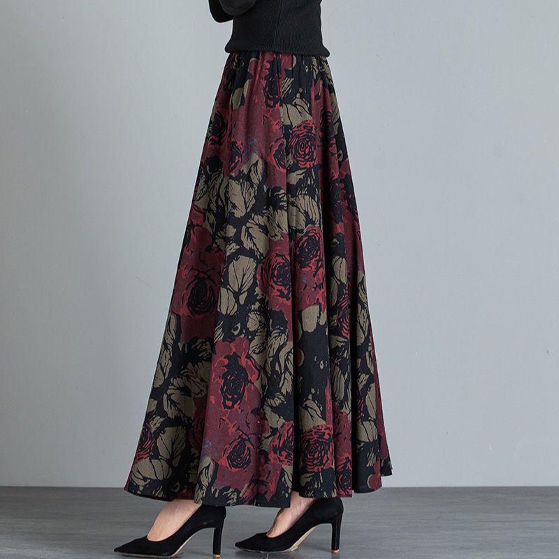 Осенне-зимняя высококачественная ретро-макси-юбка из шерсти с цветочным принтом, карманами, высокой талией и широким клешем.