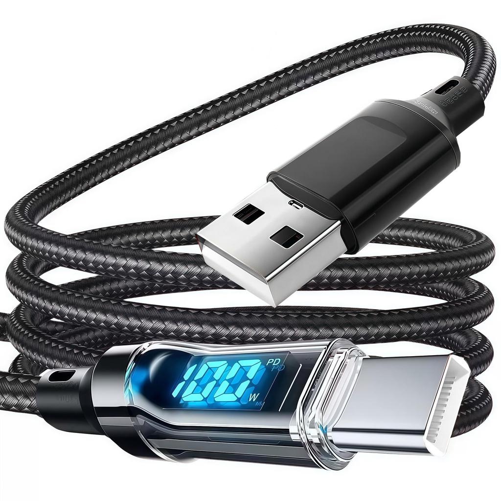 Кабель сверхбыстрой зарядки мощностью 120 Вт с разъемом TypeC, светодиодным экраном, отображением заряда в реальном времени — полная совместимость и поддержка цифрового дисплея.