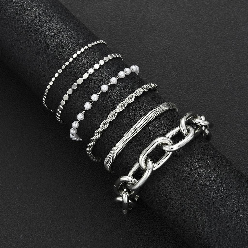 6pcs Vintage Pearl Snake Chain Bracelet Set For Women Fashion Chunky Flat Round Design Twisted Chain Bracelet Daily Wear Jewelry
