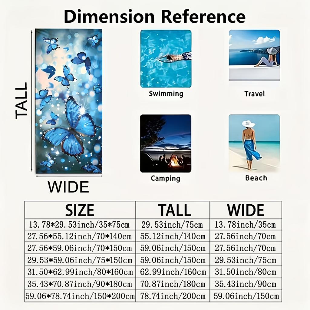 Magical Blue Butterfly 2D Flat Printed Microfiber Beach Towel Waterproof Sandproof Summer Pool Vacation Bath Blanket