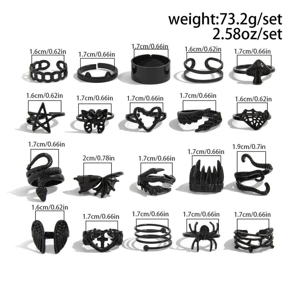 Ingemark 20 Pcs/Set Gothic Black Spider Butterfly Snake Shape Open Rings Women Trend Creative Star Heart Rings Halloween Jewelry