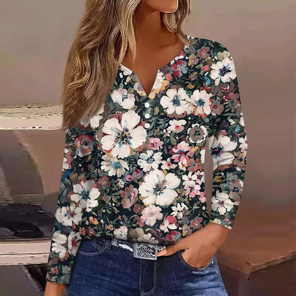 Женская модная повседневная футболка с v-образным вырезом и длинным рукавом с цветочным принтом, украшенная топами