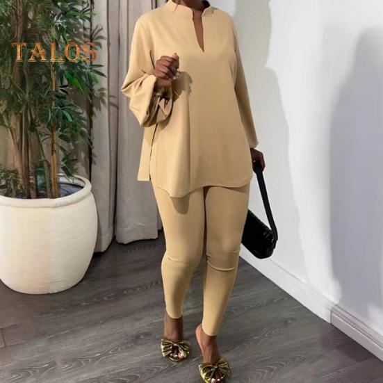 2 шт./компл., женский топ, брюки, комплект с воротником-стойкой и длинным рукавом, свободная блузка с разрезом по краю, эластичная талия, облегающие брюки, повседневная одежда, летняя одежда