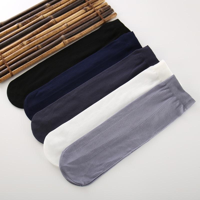 New Solid 5pair Business Mens Summer Socks Thin Silk High Elastic Nylon Breathable Casual Short Crew Socks Male Cool Socks