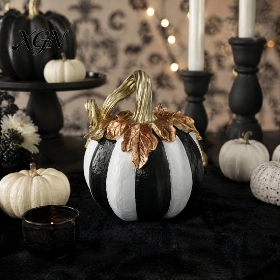 Hand Painted Retro Style Decor Black And White Striped Pumpkin Ornament, Resin Three Dimensional Sculpture Tabletop Centerpiece, Halloween Ornament
