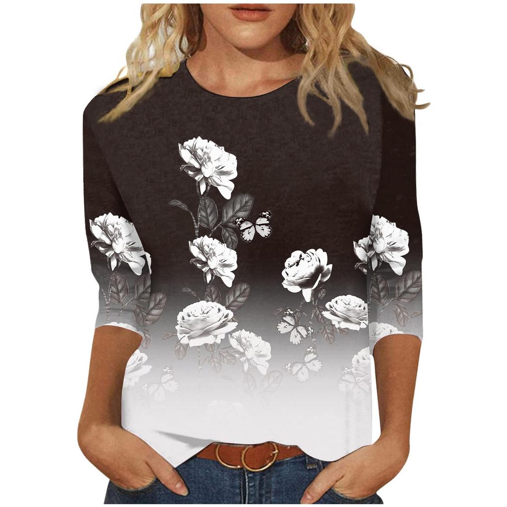 Женские топы с рукавом 3/4 и круглым вырезом Модные свободные милые рубашки Повседневные принты Модные блузки Футболки Летний пуловер