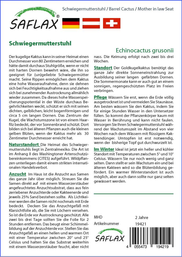 SAFLAX Garden in the Bag - Кактус-бочка / Сиденье для тещи - 40 семян - С субстратом в подходящем пакете-стойке - Echinocactus grusonii