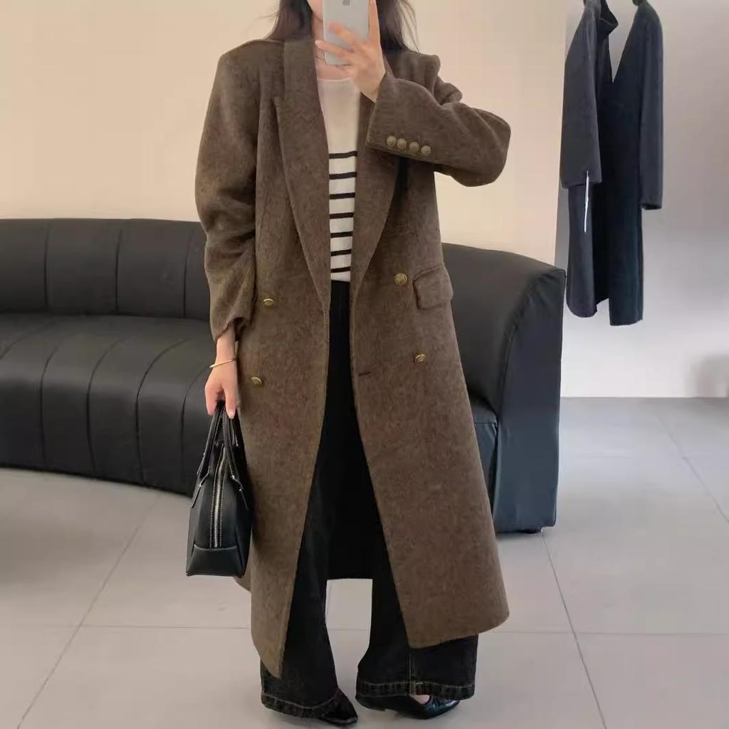 Retro Gold Buckle Brown Suit Double-sided Wool Coat for Women Autumn and Winter Double-breasted Mid-length Herringbone Wool Coat