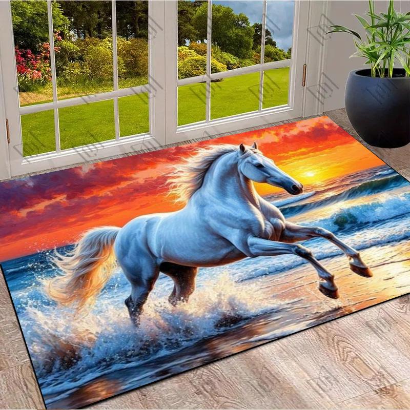 White Running Horse Beach Sunset Wave Ocean Print Area Rug Wildlife Animal Non Slip Rectangular Floor Mat Horse Lover Gaming Room Bedroom Decor Rug