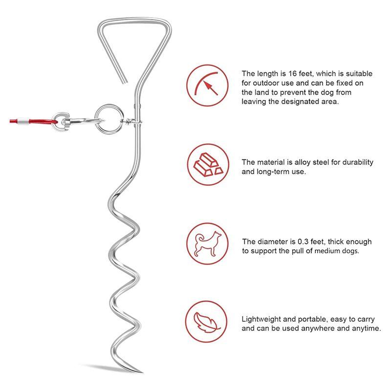 Practical-Dog Tie Out Cable And Stake, 10M Outdoor Dog Leash For Runnin,Camping,With 16Inch Heavy Duty Dog Anchor Spiral Stake