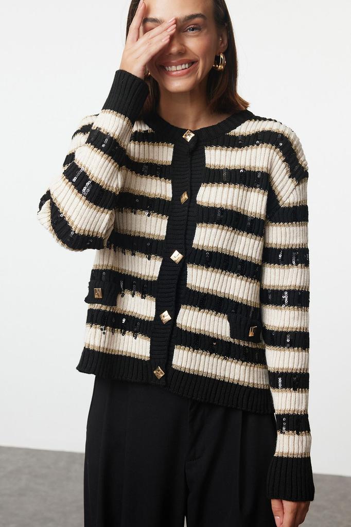 Женский модный стильный кардиган, черный блестящий аксессуар, детальный трикотажный кардиган