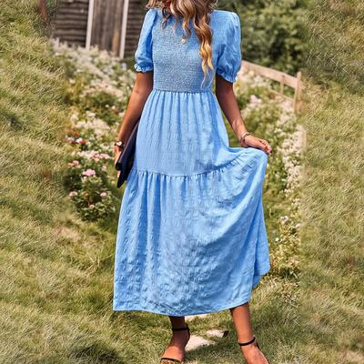 Женское модное повседневное платье однотонного цвета с круглым вырезом и короткими рукавами